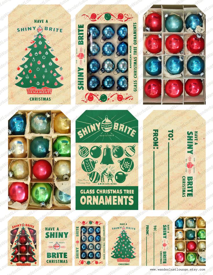 digital Christmas gift tags - Instant Download Shiny Brite vintage Christmas ornament gift tags There are two sizes: 2.5 x 4 inches 1.25 x 2 inches Upon receipt of payment you will be able to immediately download the collage sheet as a high resolution jpeg file (300 dpi) ready to be printed. The collage sheet is sized for 8.5x11 inch paper. Watermark will not appear in the purchased collage sheet. Please see my profile page for Terms of Use. Thank you!