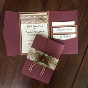 Wow!!! What a breath taking invitation!!! Rustic burgundy pocket folder with three layers kraft, burgundy and ivory linen paper. The wording is printed on a black color and can be customized to your information. On the top a matching burlap with delicate white lace and a yute bow. On the pocket two matching inserts already included on the price. To close this gorgeous invitation, a burlap belt with a very delicate lace and a Christmas style bouquet. The suite comes individually wrapped on an ...