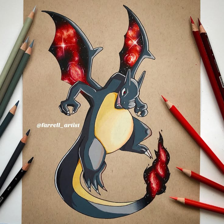 Shiny Galaxy Charizard Using Prismacolor Pencils On Strathmore Toned Tan Paper Charizard Art Anime Shadow Pokemon Drawings