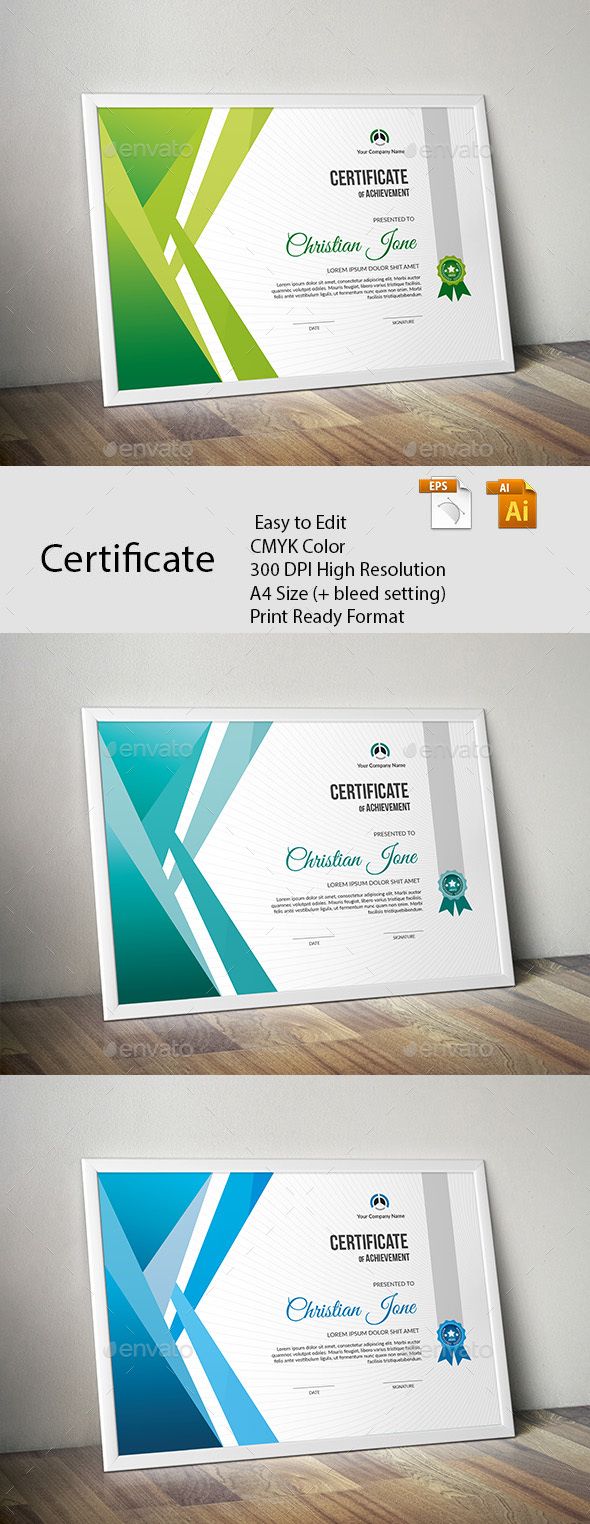 Certificate A GREAT CREATIVE CERTIFICATE TEMPLATE FOR CREATIVE PERSON. FEATURES: Easy to Edit CMYK Color 300 DPI High Resolution A4 Size (+ bleed setting) Print Ready Format Free Fonts FILES INCLUDES: 6 Ai & EPS files