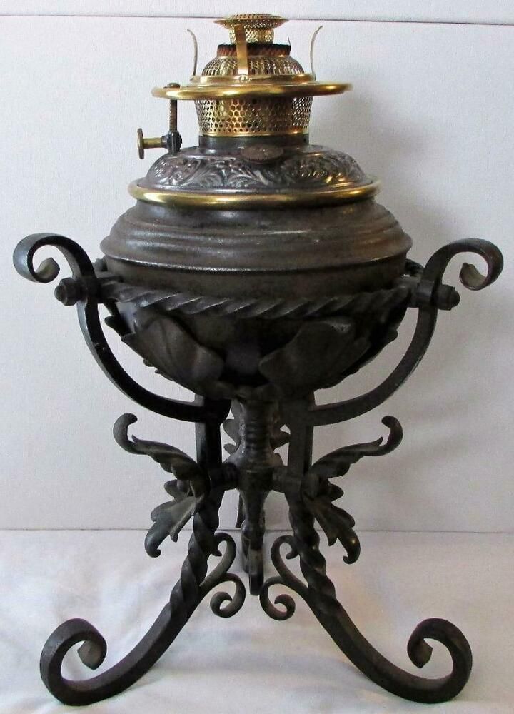 Antique Bradley Hubbard Gwtw Oil Kerosene Ornate Wrought Iron Banquet Lamp B H Bronze Lamps Oil Lamps, Antique Metal Kerosene Lamps