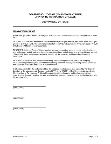 termination of lease letter from landlord Board Resolution to Terminate Lease - Template & Sample Form ... #sampleResume #FreeResume