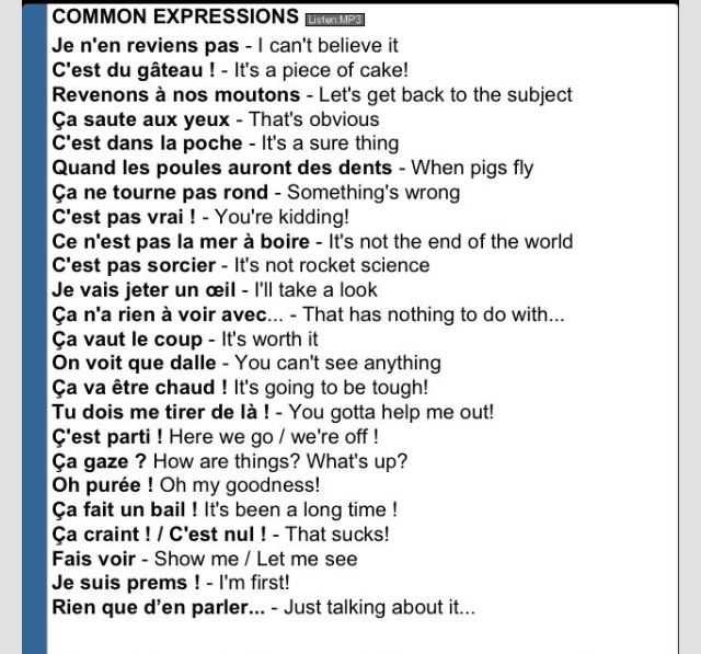 common expressions on french Common expressions even if you aren't of a french-speaking persuasion, you ought to be familiar with a few common expressions the terms below have phonetic pronunciations attached. common expressions on french Common expressions even if you aren't of a french-speaking persuasion, you ought to be familiar with a few common expressions the terms below have phonetic pronunciations attached.