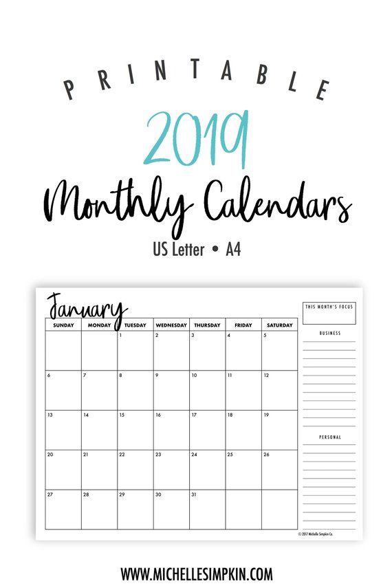 2019 printable monthly calendars