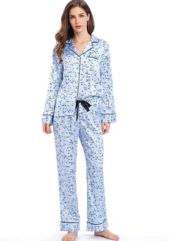 Joe Wenko Men Satin Sleepwear Long Sleeve Print Cozy Lounge Pajama Set