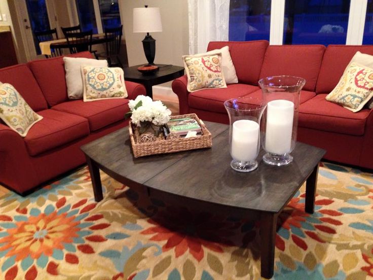 Living Room With Red Sofa And Bright Colorful Flower Rug Couch Love Seat Are Klaussner Sunbrella Material From Living Room With Red Sofa And Bright, Brick Red Sofa Color