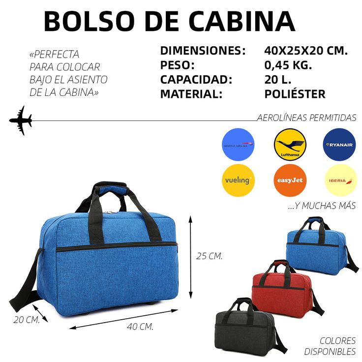 Bolsa de cabina Ryanair 40x20x25 cm 10kg equipaje de mano Vueling de tela  impermeable Jacky