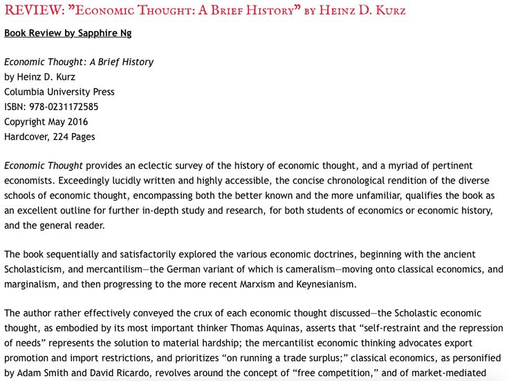 Sapphire Ng | REVIEW: "Economic Thought: A Brief History" by Heinz D. Kurz. Book Review by Sapphire Ng. Full Review: http://sapphire-love.blogspot.com/2016/07/review-economic-thought-brief-history.html
