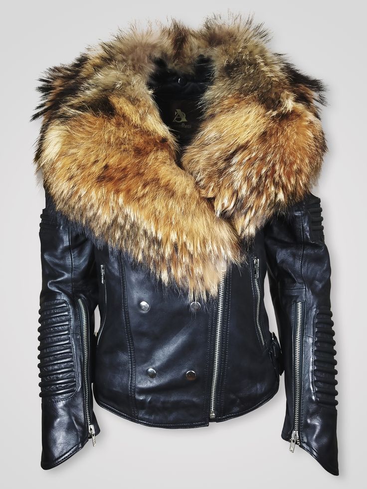 Women S Motorcycle Biker Jacket With Detachable Raccoon Fur Collar And Piped Sleeves In Black Leather Jackets Clothing Fur Collar Leather Jacket, Womens Leather Coat With Fur Trim
