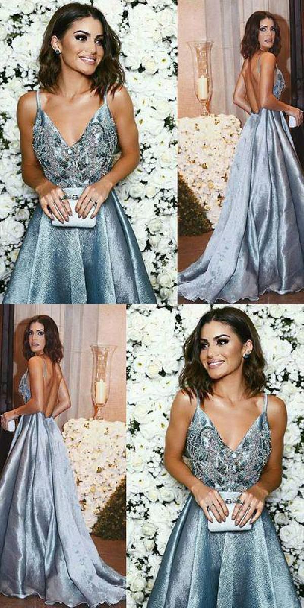 Soft Blue Prom Dresses, Prom Dresses A-Line, V-Neck Prom Dresses, Prom Dresses Backless