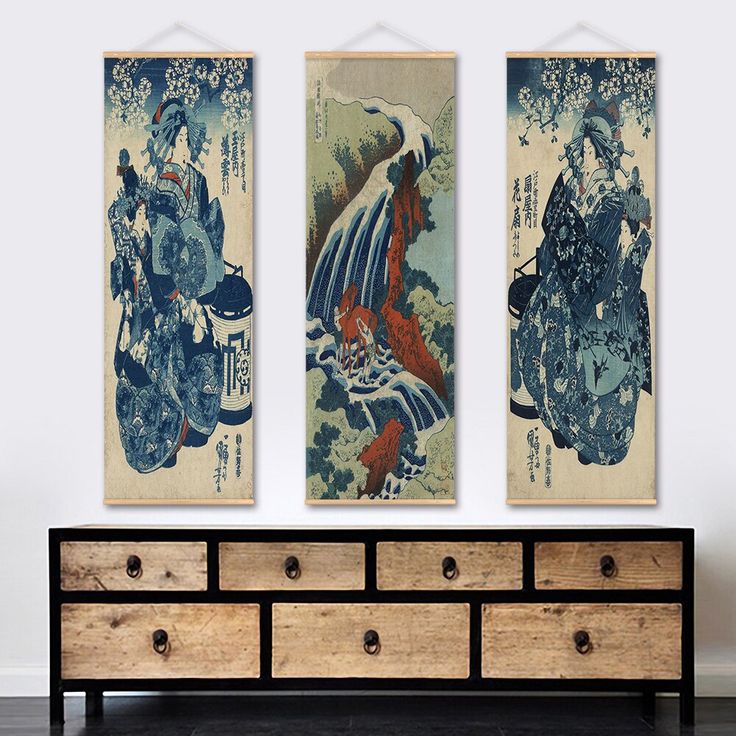 Creative Japan Ukiyoe Canvas Poster Wall Picture Scroll Hanging Painting 2Pcs A
