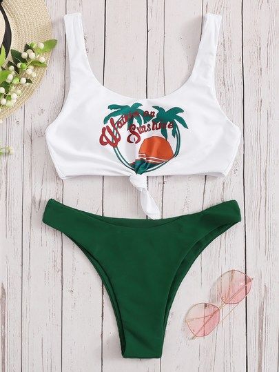 Tropical & Letter Print Mix and Match Bikini