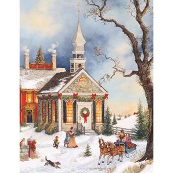 ACEO Christmas Steeple RYTA Holiday Winter season seasonal European Village German Church cityscape tree vintage style folk art decoration