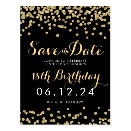 birthday save the date gold glitter confetti black announcement