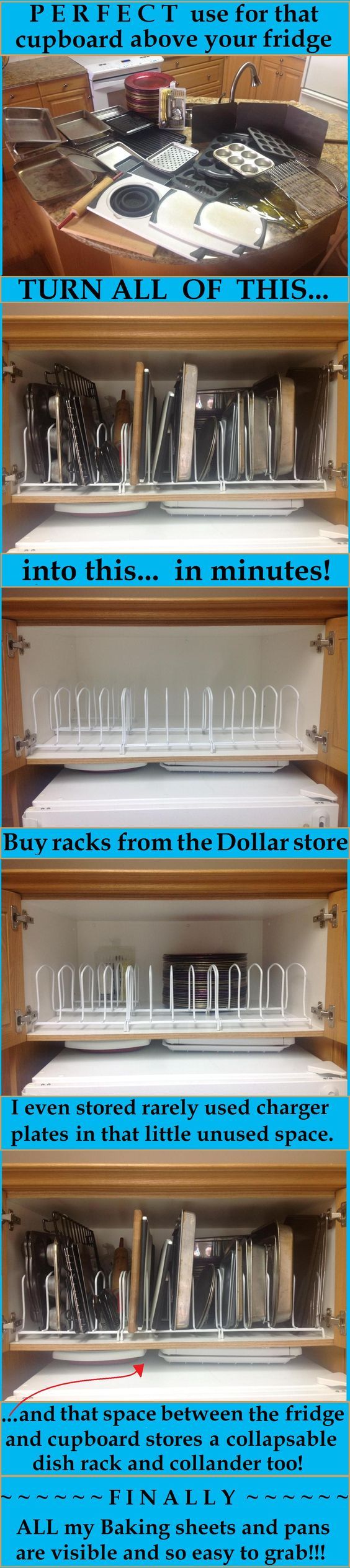 Dollar Store Dish Racks To Separate The Pans And Lids In A Cabinet Above The Fridge Put That Hard To Reach Cupboard Above The Fridge To Awesome Use Dollar Store Dish Racks To Separate The Pans And Lids In A Cabinet Above The Fridge Put That Hard To Reach Cupboard Above The Fridge To Awesome Use