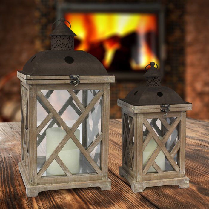 2 Piece Tall Wood Lantern Set Rustic Wood Lanterns Metal Candle Lanterns Wood Lantern