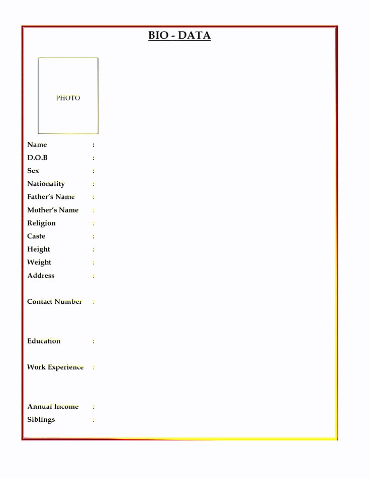 a sheet of paper with the words bio - data written in red and white on it