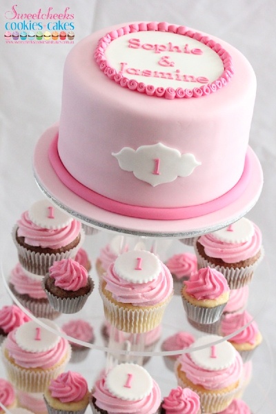 1st birthday cupcake tower and cutting cake set for twin girls