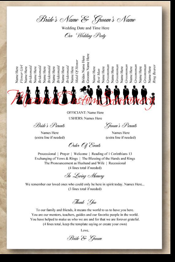 template single sided silhouette wedding program custom made with