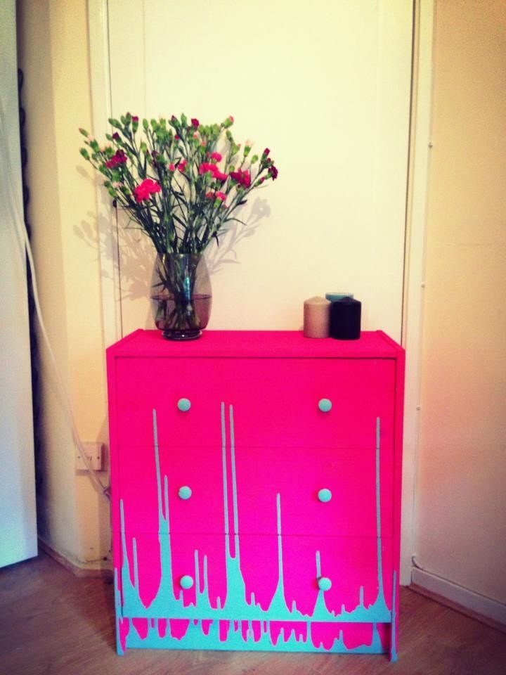 Upholstered An Old Chest Of Drawers With Neon Pink Spray Paint And Upholstered An Old Chest Of Drawers With Neon Pink Spray Paint And Farrow Ball Duck Egg Voila Diy In 2018 Pinterest Furniture