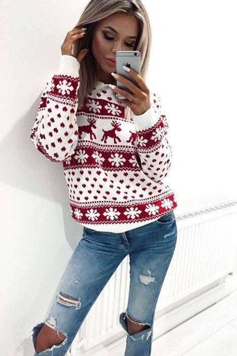 Red Crew Neck Snowflake Printed Ugly Christmas Sweater Christmas ugly christmas sweaters, fashion christmas party sweaters, white cute christmas eve sweaters - Red Crew Neck Snowflake Printed Ugly Christmas Sweater Christmas