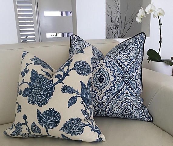 White Damask Cushion Blue and Ivory Throw Pillow Cover