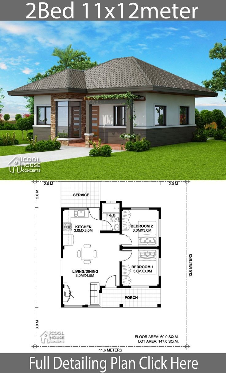 two bedroom house plan with floor plans and measurements for each room in the same area