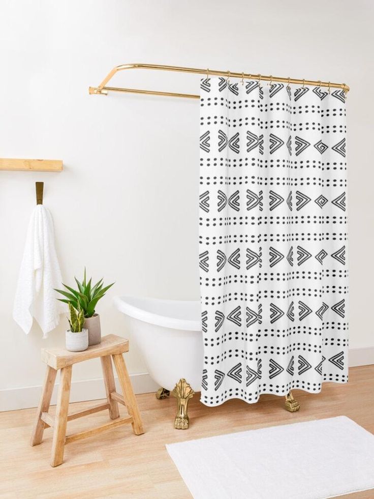 Mudcloth print boho shower curtain black and white
