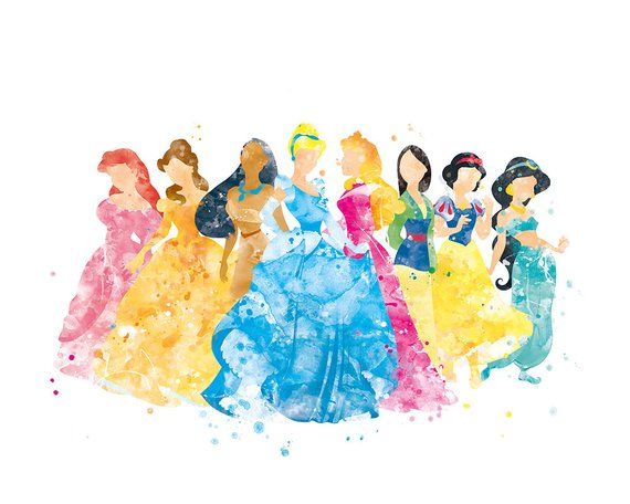 the disney princesses are all dressed up in their dresses and tiara, with watercolor