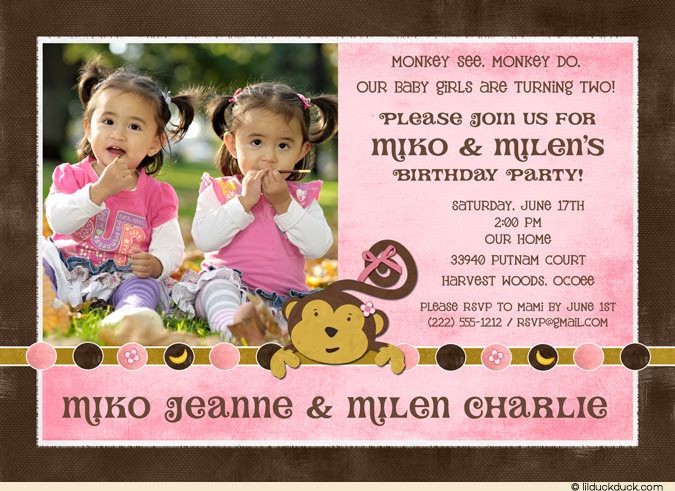 sibling monkey birthday invitation photos banana double double birthday party invitations