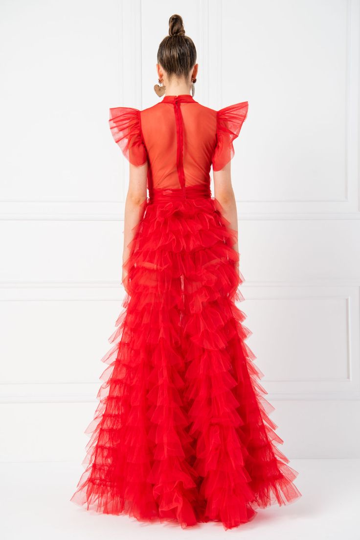 Tulle Detail Transparan Red Long Dress in 2021 | Long red dress, Dresses, Long dress