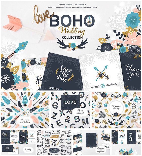 Free printable and free download lovely Boho Wedding Card Template Collection.Consist of 80 element of nature such as branches, frames, leaves, laurels, bouquets and flowers,35 hand lettering phrases, 79 arrows and feather, floral alphabet, 8 editable wedding cards, and also 10 pre-made invitation backgrounds. Great collection for save the date cards and wedding invitations.