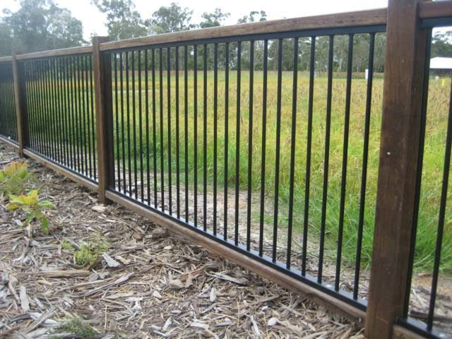 Developer Fence With 100mm Base Aluminium Panels Hardwood Posts With Top And Bot Modern Design Aluminum Pool Fence Pool Fence Aluminum Fence