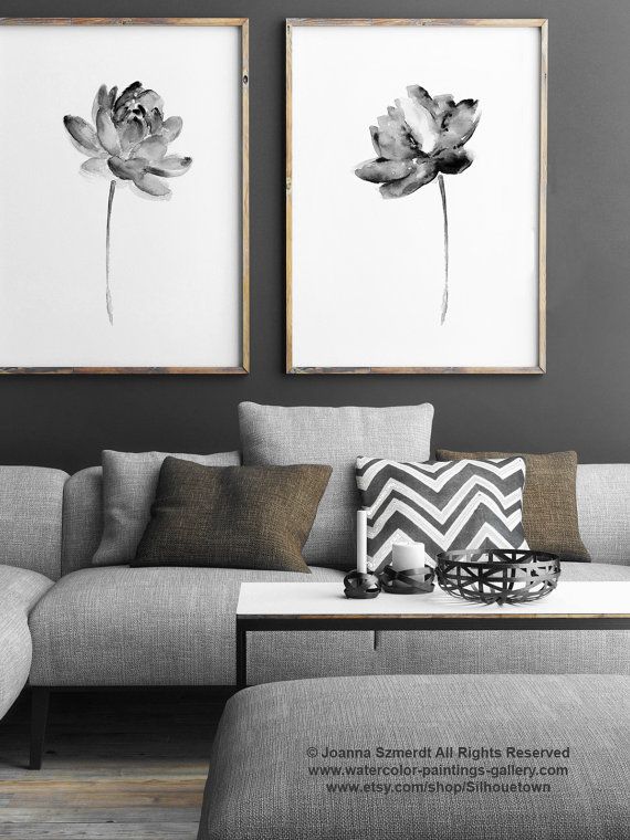 Lotus-Satz von 2 Fine Art Print. Asiatische Blumen Aquarell. Graue Lotos Wohnzim...