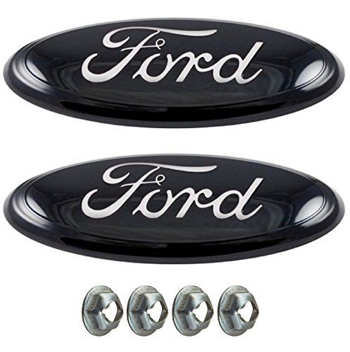 Muzzys (SET OF TWO) 05-14 F150 ALL Black, Chrome FORD Front Grille AND Tailgate Emblem Set WITH NUTS, Oval 9"X3.5", 3 Mounting Tabs, Grill Badge, F-150, --WITHOUT REAR VIEW CAMERA IN THE EMBLEM ONLY--. For product info go to: https://www.caraccessoriesonlinemarket.com/muzzys-set-of-two-05-14-f150-all-black-chrome-ford-front-grille-and-tailgate-emblem-set-with-nuts-oval-9x3-5-3-mounting-tabs-grill-badge-f-150-without-rear-view-camera-in-the-emblem-only/