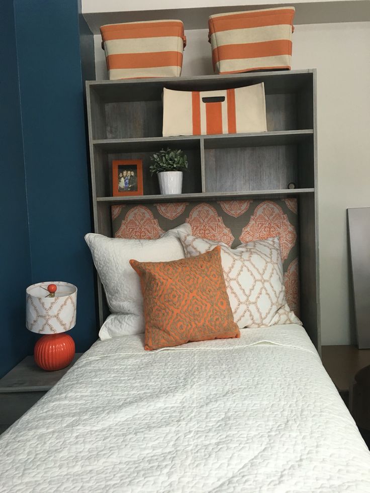 Dorm room headboards, Guy dorm rooms, Headboard with shelves.