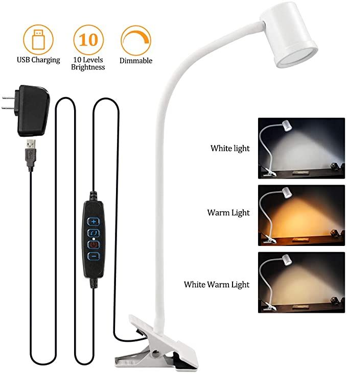 Clip On Reading Light 3000k 6500k Clamp Desk Lamp 10 Levels Brightness High 90 Cri Eye Protect Book Lights Reading Light Clip On Desk Lamp, Clamp On Bed Reading Lamps