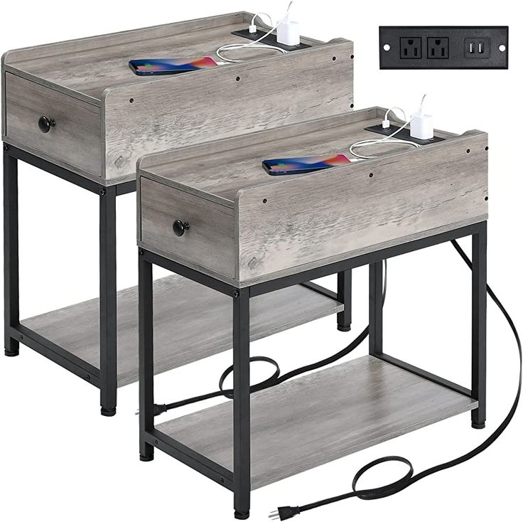 AMHANCIBLE Narrow Nightstands Set of 2 with Charging Station End