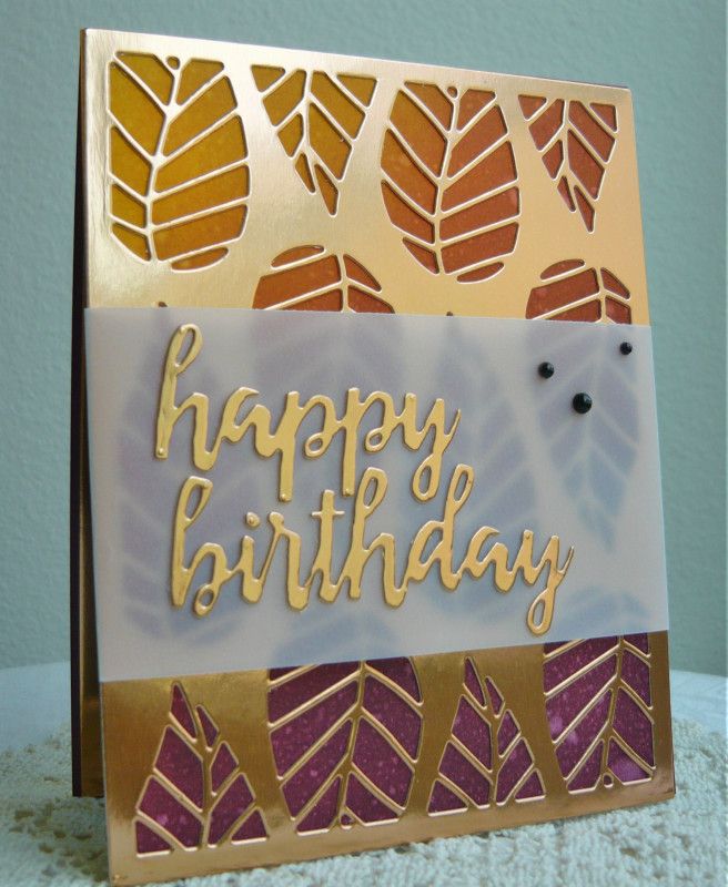 handmade card: CC654 Striped Leaf Birthday by dahlia19 ... luv the die cut sentiment in brush stroke lettering from copper foil ... background of blended colors shows through die cut cover plate of striped leaves ... great card!
