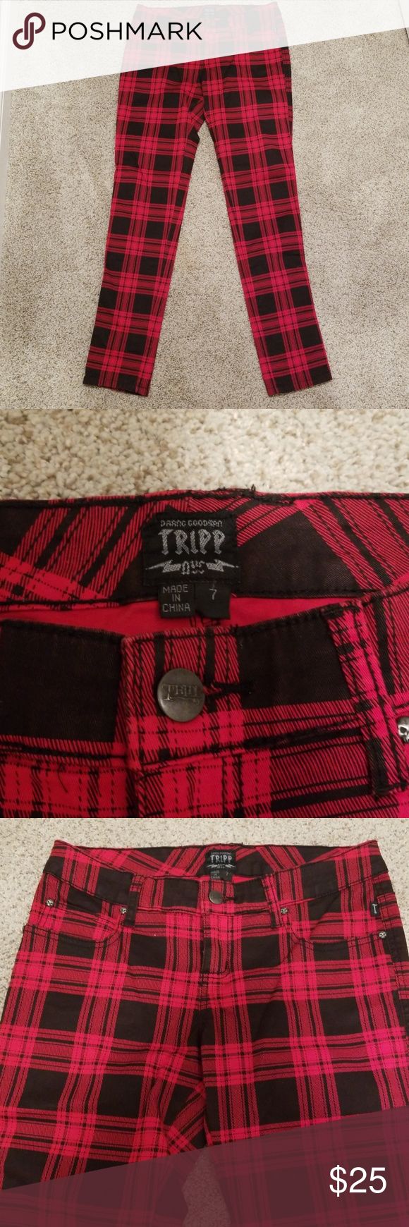 red plaid skinny jeans