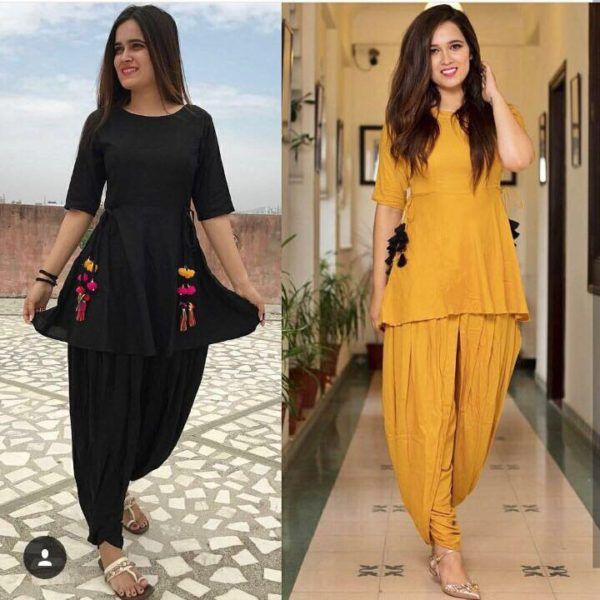Partywear Yellow Black Cotton Two Combo Dhoti Patiyala Suit