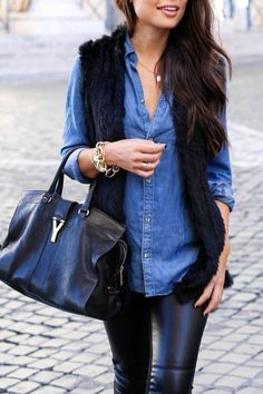 Great outfit with denim shirt, elegant and feminine style