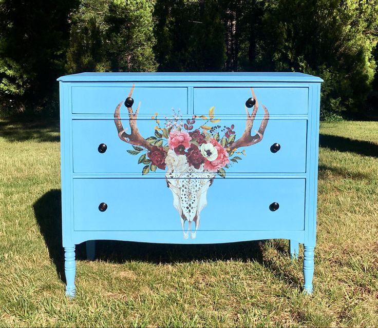 Coastal Cool Chalk Painted Dresser with Deer Transfer