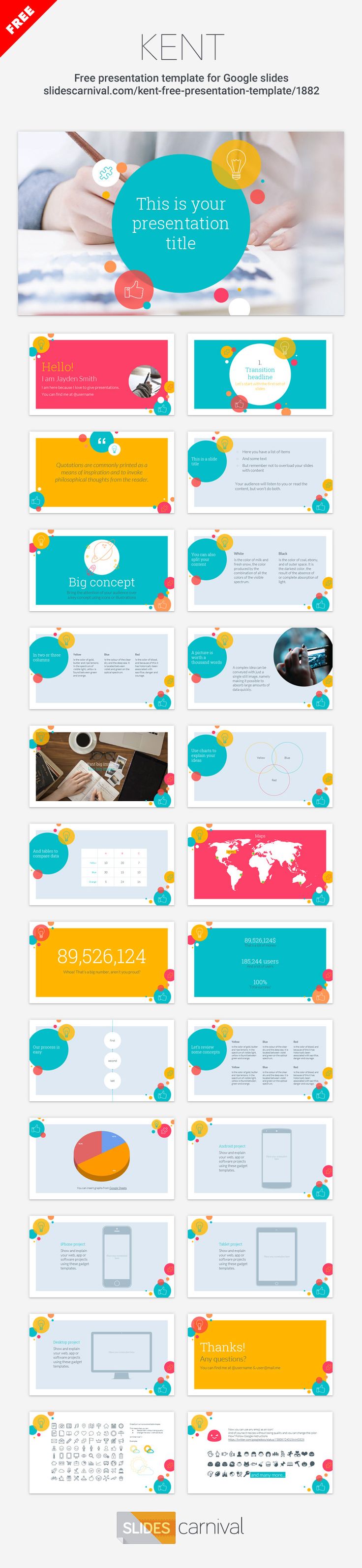 A free presentation template for Powerpoint or Google Slides. This theme has bold and lively design for your presentations with a playful pattern of circles and icons. If you're looking to enliven the audience and convey a positive and cheerful message this template can help you.