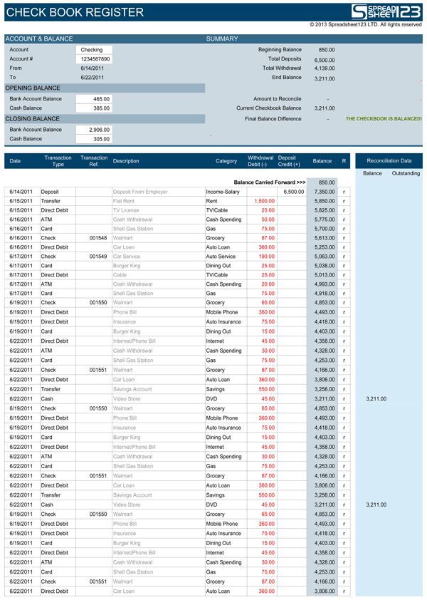 simple checkbook ledger free