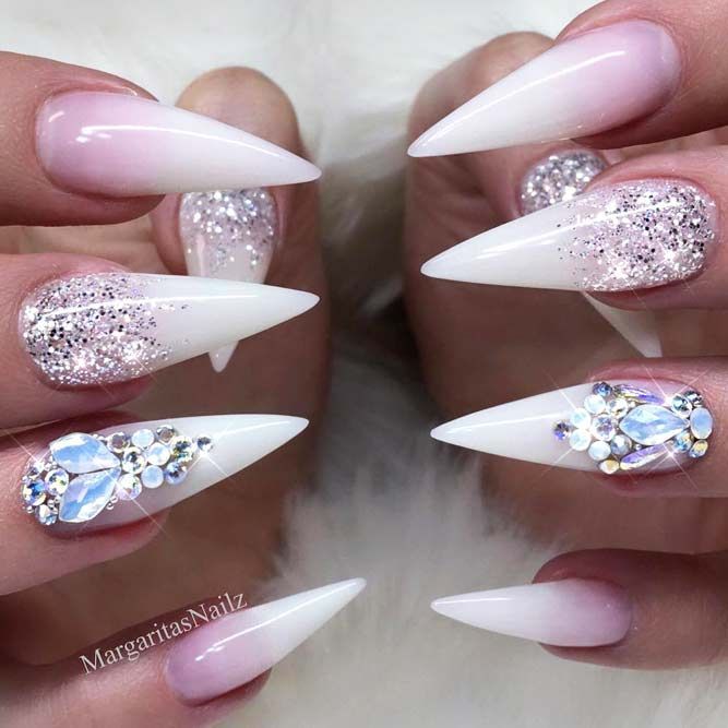 Ombre Stiletto Nails Pink Glitter Nail Art Design Swarovski Bling White Nails Winter Summer Nails Ombre Nails Glitter Pink Nails Pink Glitter Nails