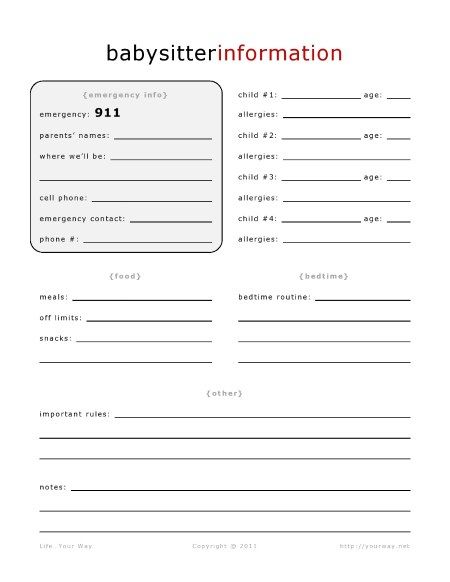 babysitter information sheet printable