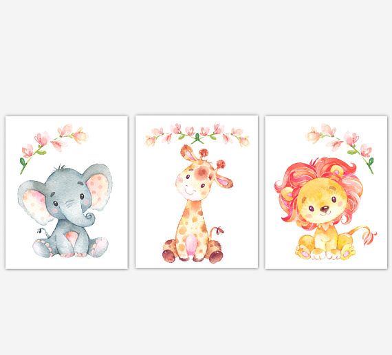 Baby Girl Nursery Art Watercolor Safari Animal Prints Elephant