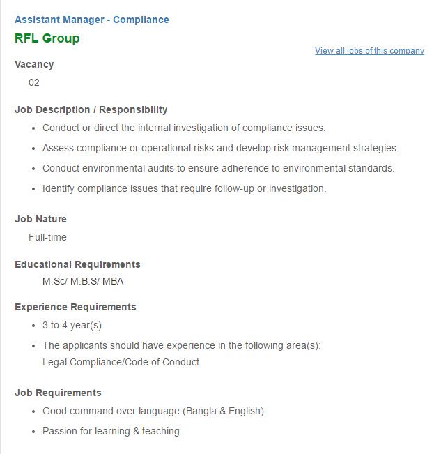 Career - RFL Group - Assistant Manager - Compliance VACANCY - assistant manager job description Career - RFL Group - Assistant Manager - Compliance VACANCY - assistant manager job description