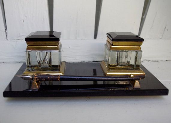 Ink Well Vintage Black And Crystal Glass Desk Set Art Deco Double Antique Inkwells Crystal Glass Desk Set Art Deco, Art Deco Inkwell Desk Set